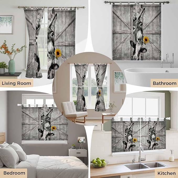 Funny Farm Animals Living Room Curtains 84 Inch Length, Window Curtains Tab Top, Vintage Barn Grey Sunflowers Light Filtering Window Treatments Drapes 52"x84" 2 Panel