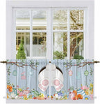 Easter Kitchen Tier Curtains 36 Inch Long 2 Panel Set,Rod Pocket Half Window Curtains Over Sink,Spring Watercolor Bunny Eggs Flower Wood Grain Blue Light Filtering Short Drapes Cafe 27.5"W x 36"L