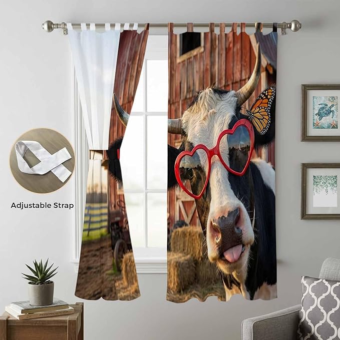Farm Cows Living Room Curtains 84 Inch Length, Window Curtains Tab Top, Farmhouse Barn Funny Animals Butterfly Light Filtering Window Treatments Drapes 52"x84" 2 Panel