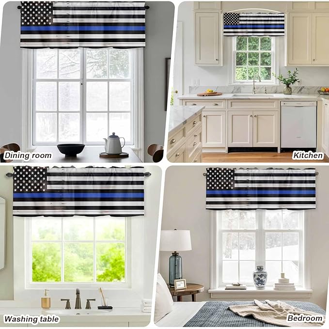 American Flag Valances for Windows, Blue Line Star Black White Stripes Wood Grain Kitchen Valance Light Filtering Rod Pocket Short Curtains for Kitchen Bathroom, 1 Panel, 60"x14"
