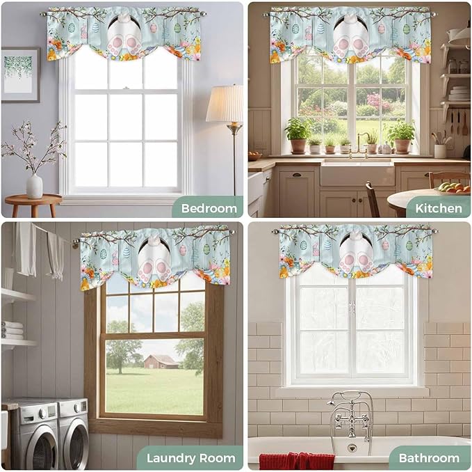 Easter Bunny Tie Up Valance Curtains for Windows, Kitchen Curtains Window Shades, Easter Eggs Spring Farmhouse Wood Grain Teal Blue Light Filtering Curtain Valances for Bedroom/Bathroom/Cafe 60"x18"