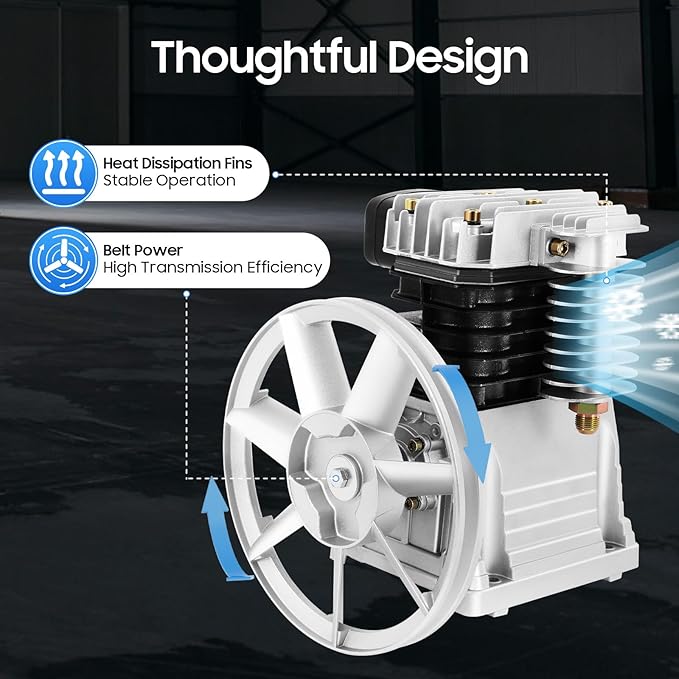 3HP Air Compressor Pump Head with Suction Valve and Cooling Fan Piston Cylinder Assembly for High Output Garage or Industrial Use