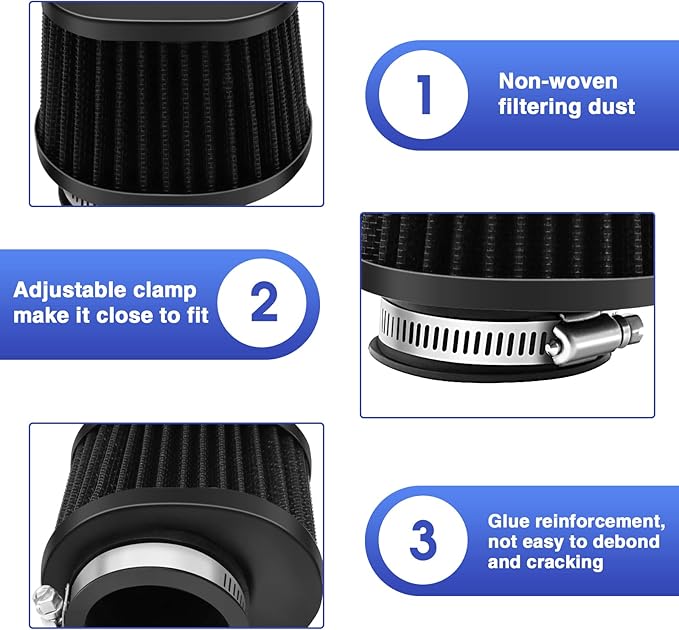 2PCS Motorcycle Air Filter Universal 45MM Replacement Engine Filter High Performance Air Filters Fit Motocross Carburetor Cleaner for Pit Bike Scooter Moped ATV (Black)
