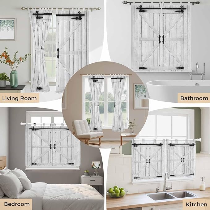 Farmhouse Wood Grain Kitchen Curtains 36 Inch Length, Small Window Curtains Tab Top, Vintage Country Barn Gate Grey Light Filtering Short Window Treatments Tier Drapes 27.5"x36" 2 Panel