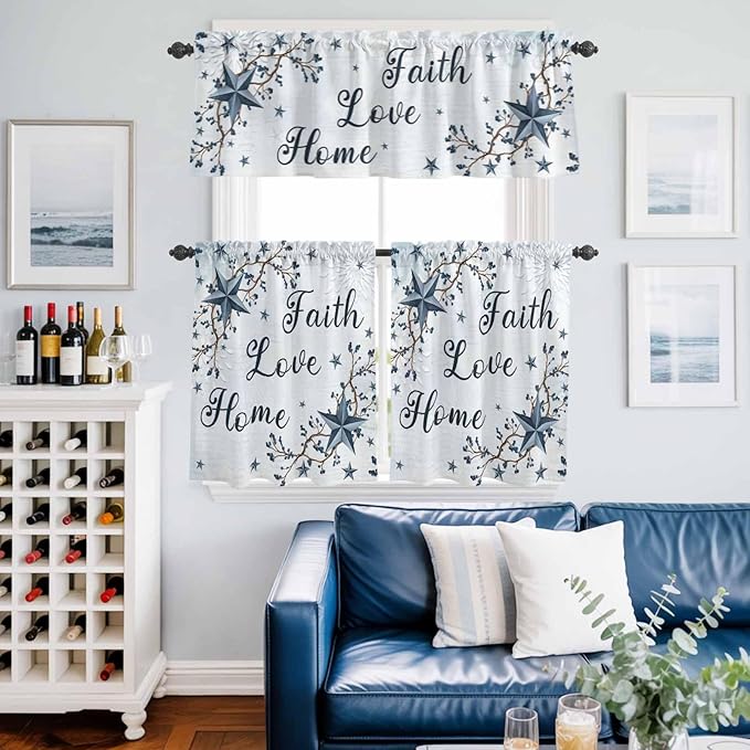 Texas Star Country Kitchen Curtains Set 3 Piece for Windows, Rod Pocket Valance and Tier Set 24 Inch Length, Blue Farmhouse Branches Light Filtering Cafe Curtains for Living Room Bathroom