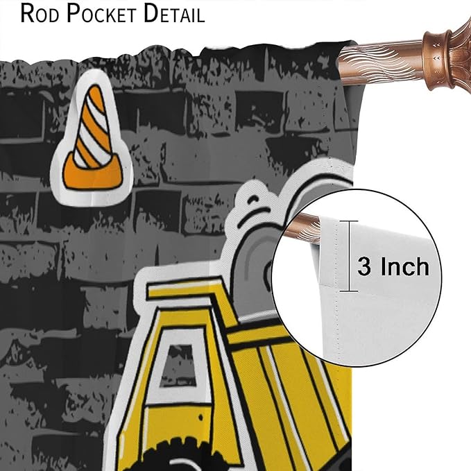 Kids Construction Excavator Window Curtains, Yellow Excavator Transporter Truck Cartoon Vehicles Rod Pocket Decorative Window Curtain for Children Teens Room 52x84in (30% Blackout)