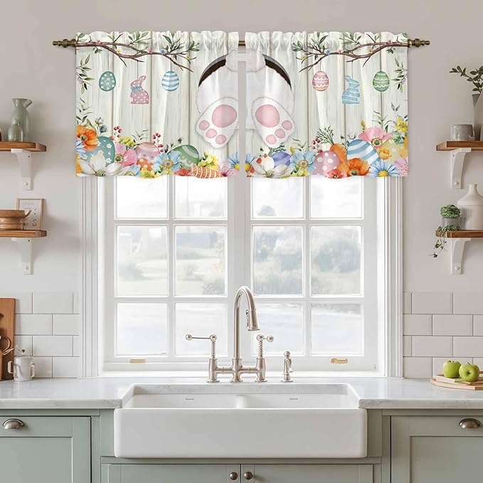 Easter Kitchen Tier Curtains 36 Inch Long 2 Panel Set,Rod Pocket Half Window Curtains Over Sink,Spring Farmhouse Watercolor Bunny Eggs Wood Grain Light Filtering Short Drapes Cafe 27.5"W x 36"L