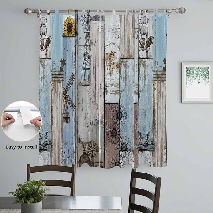Blue Grey Wooden Living Room Curtains 96 Inch Length, Window Curtains Tab Top, Farmhouse Barn Sunflowers Retro Light Filtering Window Treatments Drapes 52"x96" 2 Panel