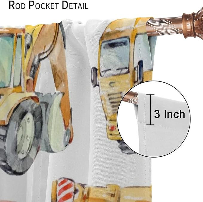 Kids Excavator Curtains, Retro Truck Tractor Machinery Construction Vehicle Crane Digger Mixer Rod Pocket Decorative Windows Curtain for Teens Girls Boys Room 42x54in (30% Blackout)