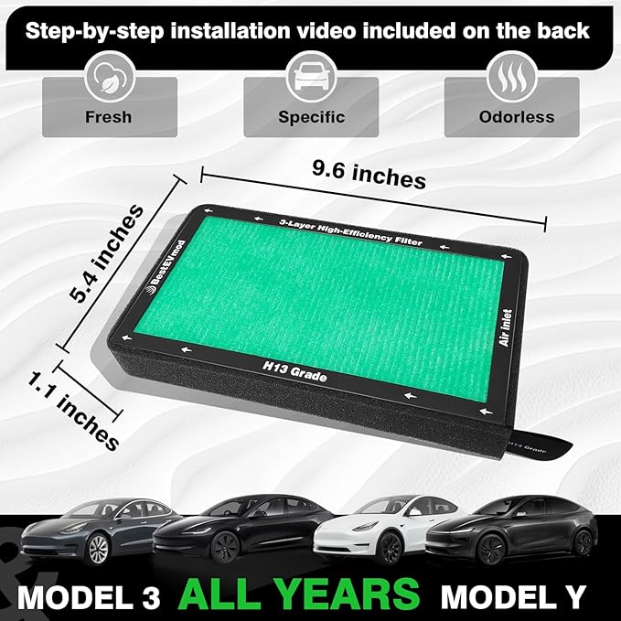 BestEvMod 2 Pack Upgraded Tesla Model 3/Y Cabin Air Filter Replacement HEPA Air Filter with Activated Carbon for 2017-2026 Model 3 & Highland/ 2020-2026 Model Y & Juniper (H13 High Efficiency)