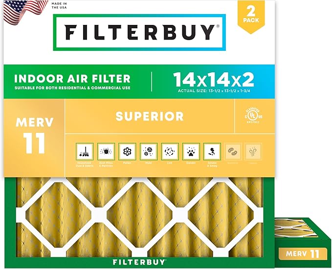 Filterbuy 14x14x2 Air Filter MERV 11 Superior Pet & Allergy Defense (2-Pack), Electrostatic Pleated HVAC AC Furnace Filters Replacement, Made in USA (Actual Size: 13.50 x 13.50 x 1.75)