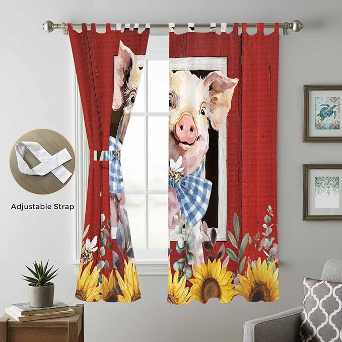 Pig Sunflowers Living Room Curtains 84 Inch Length, Window Curtains Tab Top, Eucalyptus Leaves Floral Bees Red Barn Light Filtering Window Treatments Drapes 52"x84" 2 Panel
