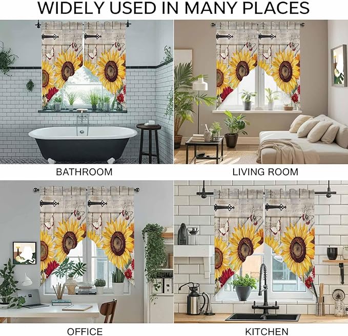 Red Yellow Sunflowers Swag Valances for Windows, Retro Rustic Barn Doors Butterfly Brown Rod Pocket Kitchen Curtains Valance, Kitchen Window Curtains Swag for Cafe Living Room, 2 Panels, 36x63 inch