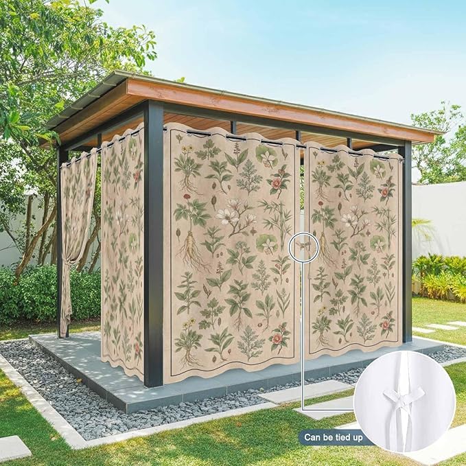 Vintage Outdoor Curtains for Patio Grass Herbal Botanical Garden Plants Waterproof Outside Curtains with Grommet Top Weatherproof Curtain for Cabana Pergola Gazebo, 1 Panel, 54" W x 108" L