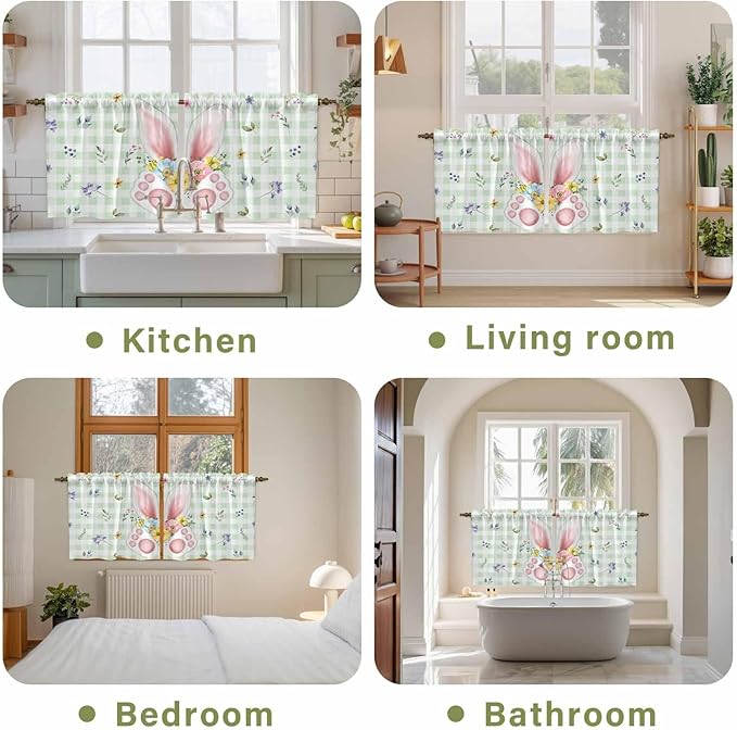 Easter Kitchen Tier Curtains 24 Inch Long 2 Panel Set,Rod Pocket Cafe Small Window Curtains Over Sink,Spring Bunny Ears Feet Flowers Green Plaid Light Filtering Short Drapes for Bathroom 27.5"W x 24"L