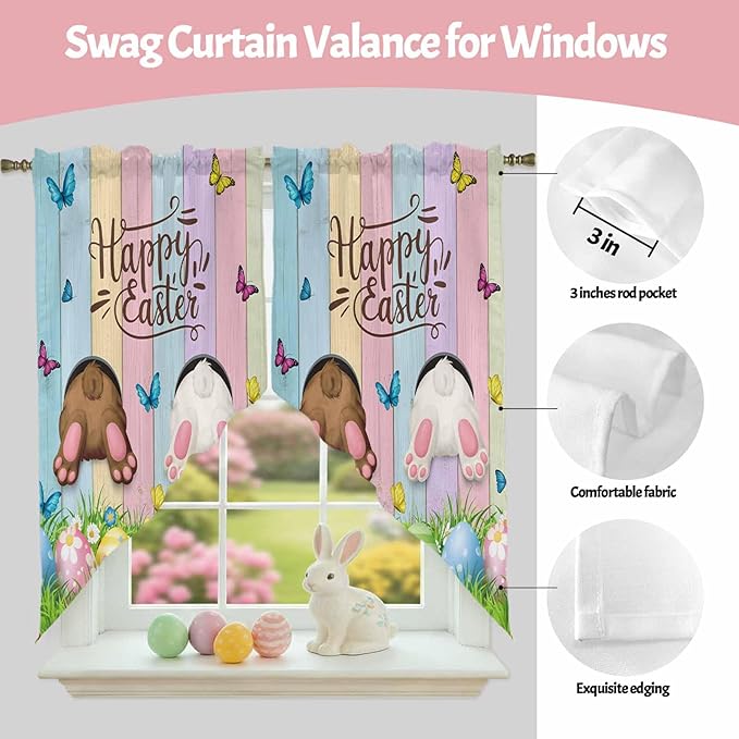 Swag Curtain Valances for Kitchen Windows,Happy Easter Rabbit Butt Egg on Daisy Leaf Short Rod Pocket Window Valance,Bufferfly on Wood Barn Swag Topper for Bedroom Living Room,2 Panels 36x36in