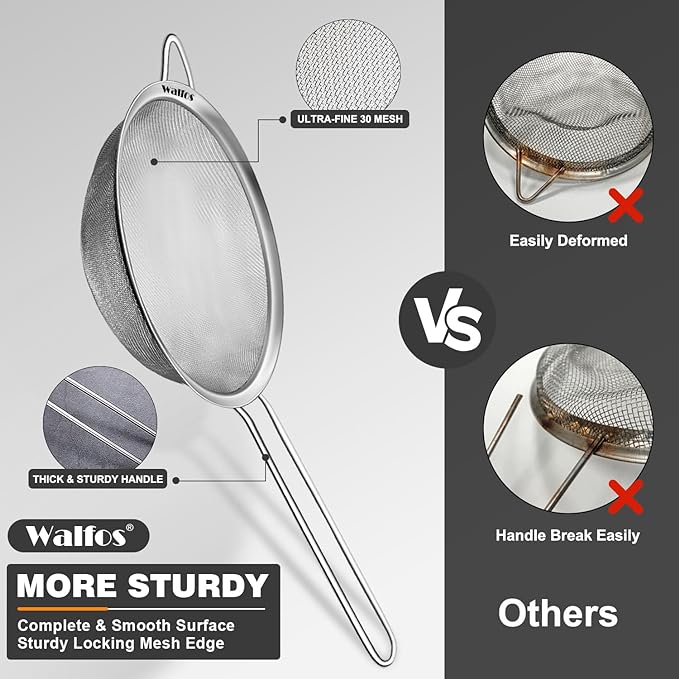 Walfos Fine Mesh Strainer 4PCS, Versatile Kitchen Strainer with Handle - 7", 4.6", 3.15", 2.7" Sieve Fine Mesh Stainless Steel, Metal Strainers and Sifters for Rice, Quinoa, Tea, Cocktail, Juice