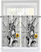 Grey Farmhouse Kitchen Curtains 54 Inches Length, Vintage Sunflowers Animals Printed Window Treatment Curtain Drapes, Decorative Window Curtains for Bedroom Cafe, 52"x54", 2 Panels