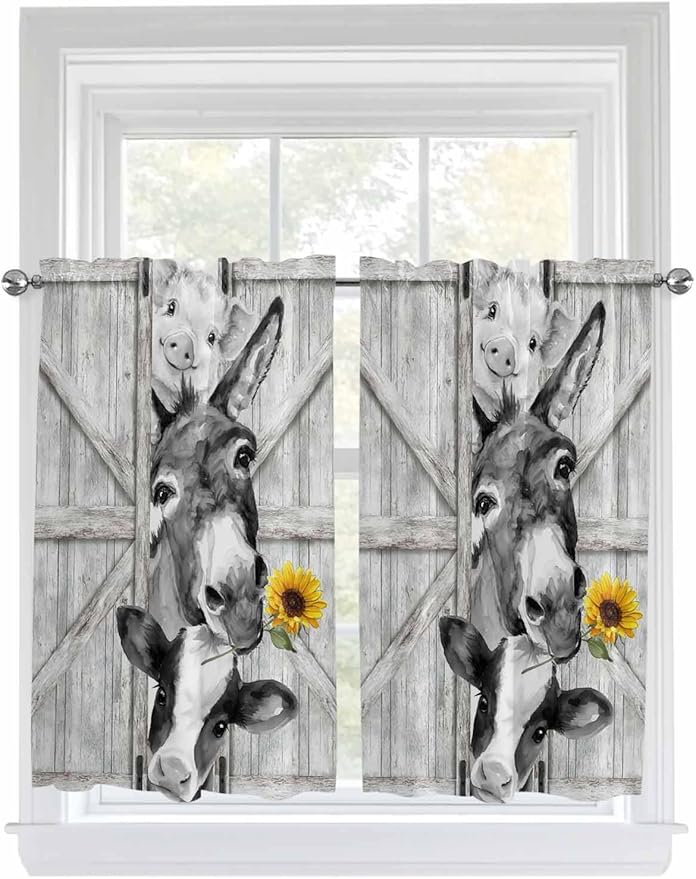 Grey Farmhouse Tier Curtains 45 Inches Long, Vintage Sunflowers Animals Printed Window Treatment Curtain Drapes, Window Half Privacy Curtains for Bedroom Bathroom, 42"x45", 2 Panels
