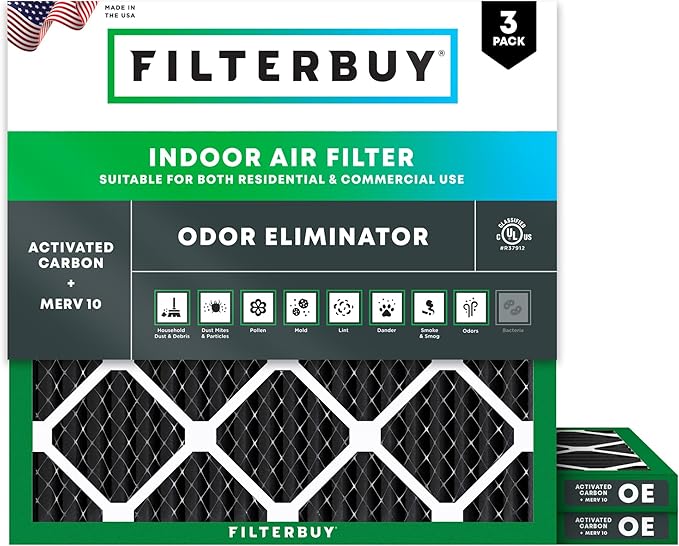 Filterbuy 12x12x1 Air Filter MERV 10 Odor & Allergy Defense with Activated Carbon (3-Pack), Electrostatic Pleated HVAC AC Furnace Filters Replacement, Made in USA (Actual Size: 11.75 x 11.75 x 0.75)