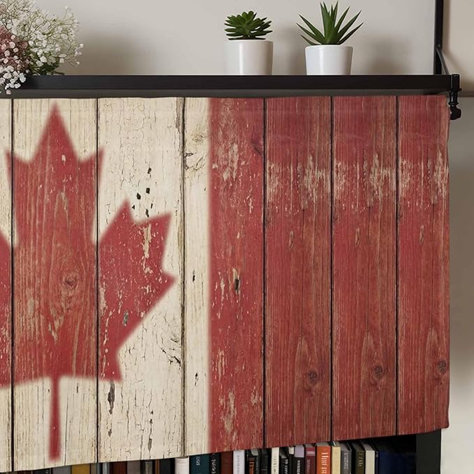 Canada Curtain Valances for Windows, Kitchen Valance Window Treatment, Red Maple Leaf Flag Vintage Farmhouse Wooden Grain Light Filtering Block Curtains for Bathroom/Bedroom/Living Room 42'' x 12''