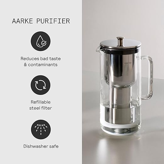 Aarke Purifier Glass Water Pitcher, Refillable Stainless Steel Filter, 8-Weeks Performance, BPA-Free, Dishwasher Safe, Pure & Enriched Refill Granules, 1.18L (5 Cups) Capacity