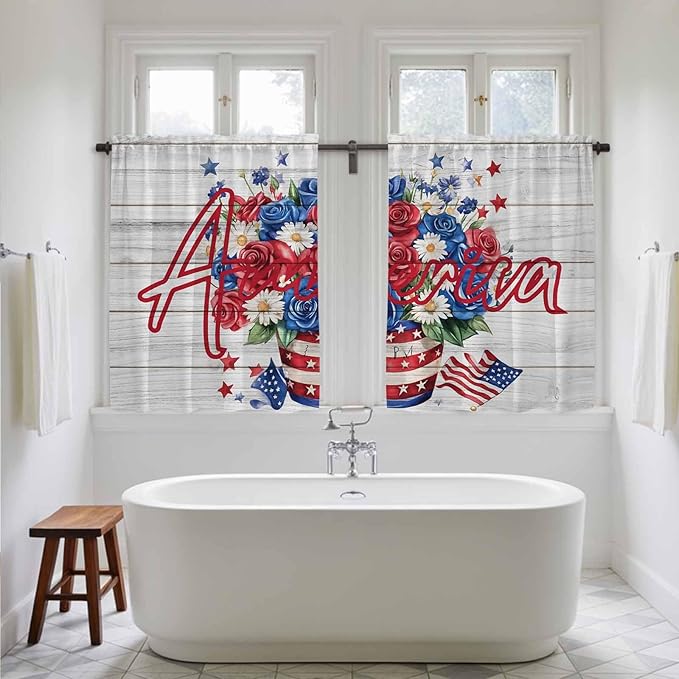 Independence Day Kitchen Tier Curtains 45 Inch Long 2 Panel Set,Rod Pocket Short Window Treatment,4 of July Rose Wooden Grain Vintage Light Filtering Curtains & Drapes for Bathroom 27.5"W x 45"L