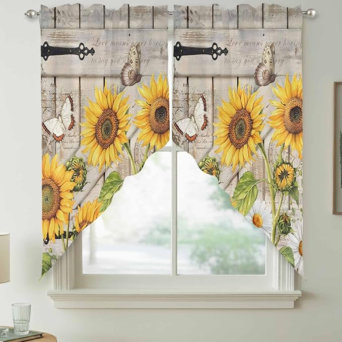 Farm Flowers Swag Valances for Windows, Retro Sunflowers Barn Doors Butterfly Wood Board Rod Pocket Kitchen Curtains Valance, Small Window Curtains Swag for Cafe Living Room, 2 Panels, 28x36 inch