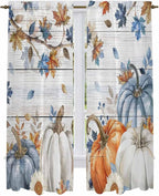 Thanksgiving Pumpkin Window Curtains 72 Inch Long 2 Panel Set,Rod Pocket Long Curtains & Drapes,Fall Maple Leaf Daisy Wooden Grain Light Filtering Window Treatment for Bedroom Living Room 52"W x 72"L