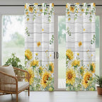 Sunflowers Outdoor Curtains for Patio Summer Floral Eucalyptus Leaf Wood Plank Waterproof Outside Curtains with Grommet Top Weatherproof Curtain for Cabana Pergola Gazebo, 2 Pack, 54" W x 95" L