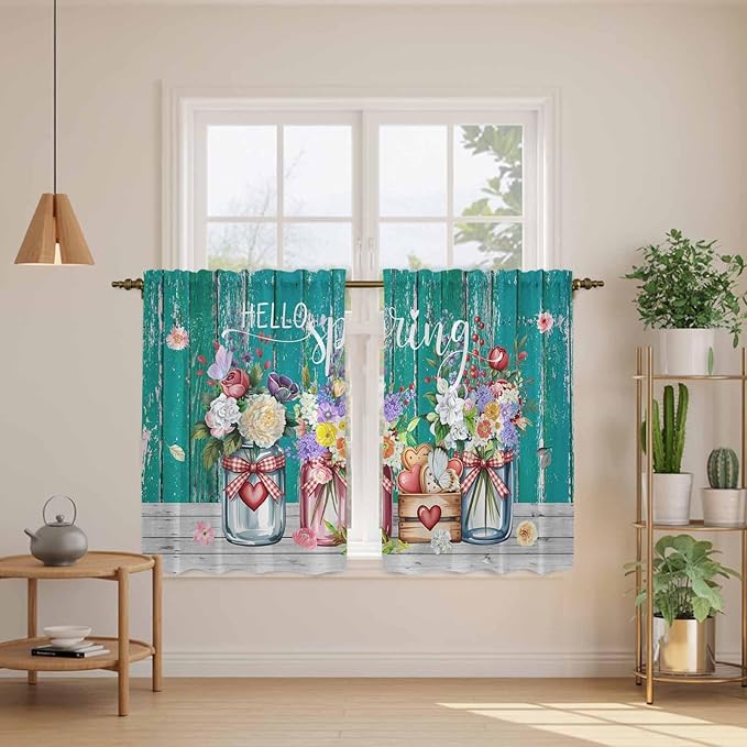 Spring Flowers Tier Curtains, Farmhouse Watercolor Teal Wood Grain Light Filtering Kitchen Curtains, 2Pcs Rod Pocket Half Window Treatments Panels for Sink Cafe Cabinet Basement 27.5x45 Inches