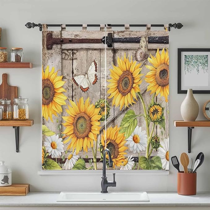 Farmhouse Sunflowers Bedroom Curtains 72 Inch Length, Window Curtains Tab Top, Rustic Barn Doors Flowers Butterfly Wooden Light Filtering Window Treatments Drapes 52"x72" 2 Panel