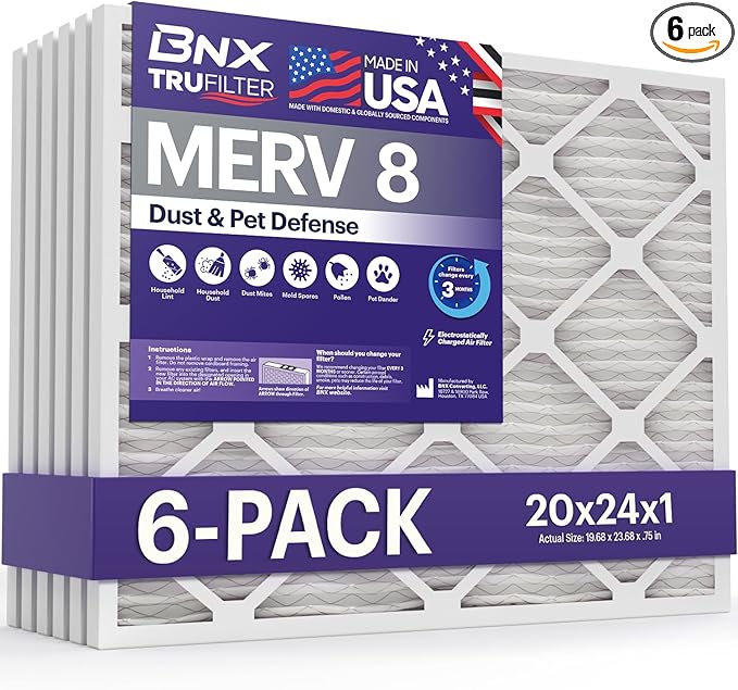 BNX TruFilter 20x24x1 Air Filter MERV 8 (6-Pack) - MADE IN USA – Dust & Pet Defense Electrostatic Pleated Air Conditioner HVAC AC Furnace Filters for Dust, Pet, Mold, Pollen MPR 600 – 700 & FPR 5