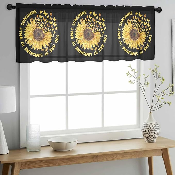 YOU ARE MY SUNSHINE Sheer Valance Curtains, Summer Sunflowers Golden Gradient Butterflies Light Filtering Kitchen Valances Rod Pocket Voile Curtain Treatment for Bedroom/Living Room/Basement 42Wx18L