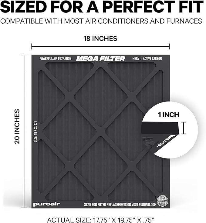 PuroAir MegaFilter - 18x20x1 Air Filter MERV 13 Activated CarbonTech Defense - Heavy Duty 3 Layer Furnace Filters Allergens, Pollen, Dust, Pet Dander, Smoke, Odors - HVAC Air Filter 18x20x1 (4-Pack)