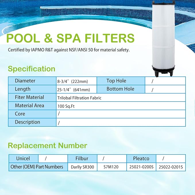 S7M120 System 3 Inner Pool Filter Compatible with 25021-0200S & 25022-0201S, Replacement for Sta-Rite System 3, SR300 Pool Filter Cartridge, 100 Sq.Ft. Filtration Area