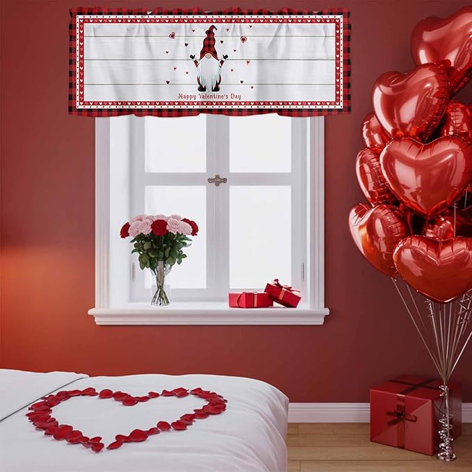 Valentine's Day Valance Curtains for Kitchen, Gnome Red Love Plaid Wood Grain Privacy Rod Pocket Valance Curtain, Light-Filtering Window Treatment for Bedroom Bathroom, 60"x18"