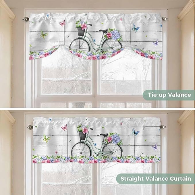 Spring Tie Up Valance Curtains for Windows, Kitchen Curtains Window Shades, Bicycles Botanical Rose Leaves Butterfly Wood Grain Light Filtering Roman Curtain Valances for Bedroom/Bathroom/Cafe 42"x12"
