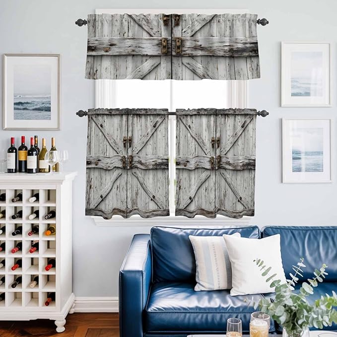 Kitchen Curtains Tiers and Valance Set of 3, Vintage Gate Light Filtering Window Curtain Set, Farmhouse Wooden Grain Shabby Chic Door Rod Pocket Curtain Drapes for Cafe, Living Room, 24 Inches Tiers