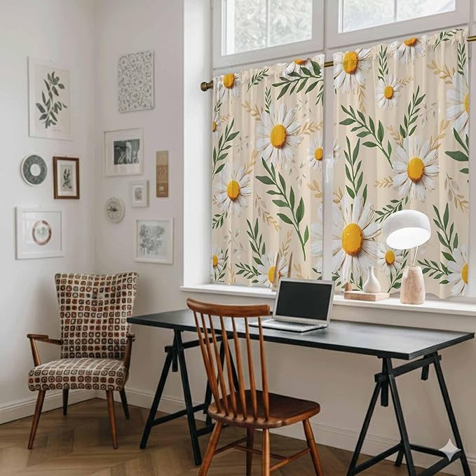 Spring Daisy Kitchen Curtains, Country Watercolor Flower Leaf Plant Light Filtering Window Curtain Panels, 2Pcs Rod Pocket Window Treatments Set for RV Dining Room Study Room 42x45 Inches