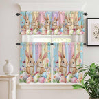 Easter Kitchen Curtains Set 3 Piece for Windows, Rod Pocket Valance and Tier Set 24 Inch Length, Spring Bunny Eggs Botanical Floral Wooden Grain Light Filtering Cafe Curtains for Living Room Bathroom