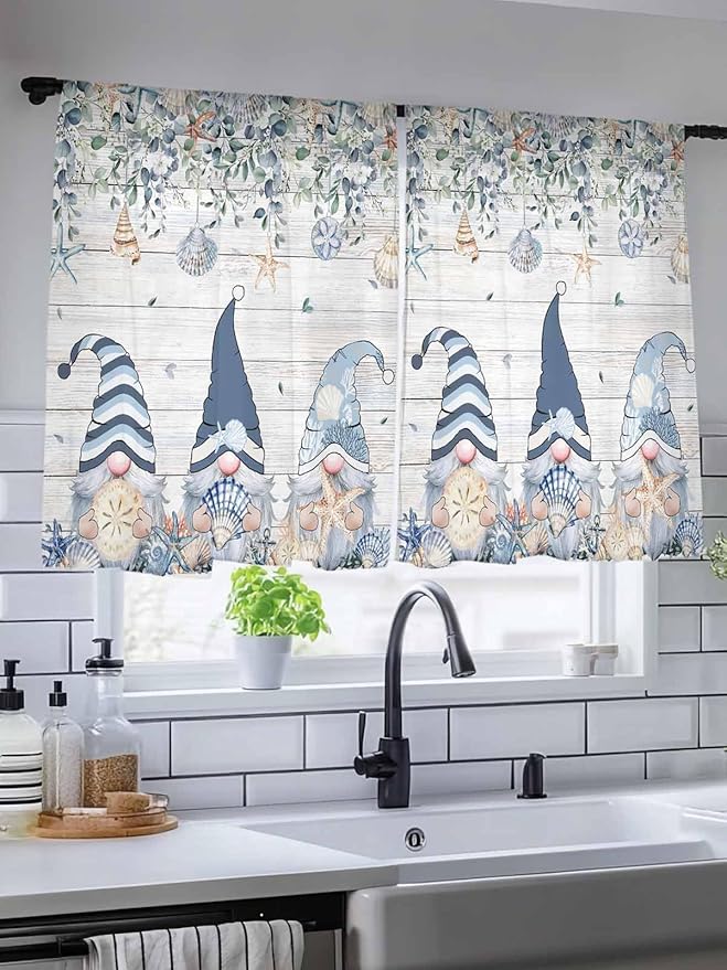 Sheer Curtains 45 Inch Length, Coastal Eucalyptus Leaf Semi Sheer Curtains Light Filtering Window Treatment, Ocean Blue Gnomes Starfish Wood Grain Privacy Voile Drapes for Living Room 52x45 Inch