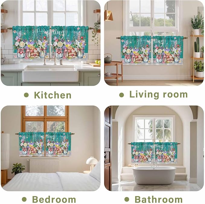 Spring Flowers Tier Curtains, Farmhouse Watercolor Teal Wood Grain Light Filtering Kitchen Curtains, 2Pcs Rod Pocket Half Window Treatments Panels for Sink Cafe Cabinet Camper 27.5x24 Inches