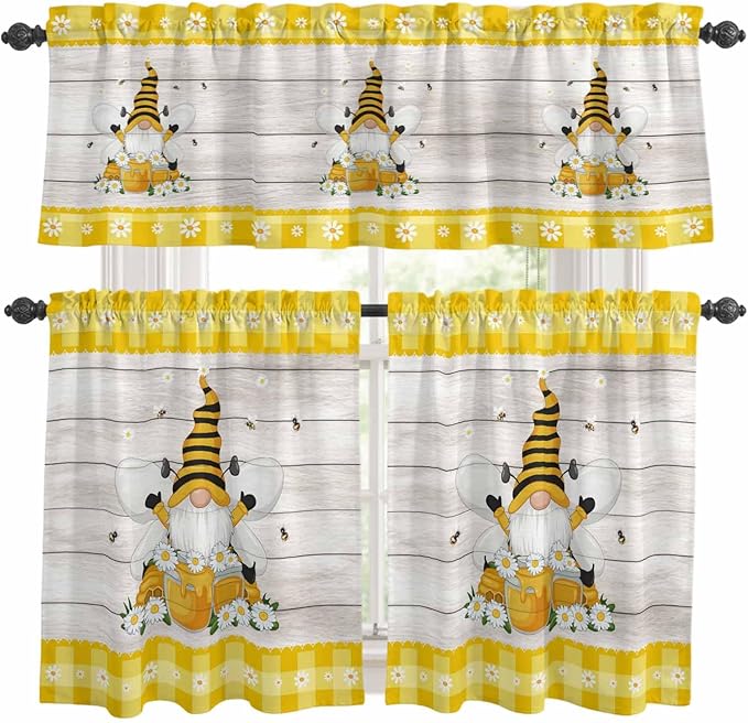 Yellow Gnomes Kitchen Curtains Set 3 Piece for Windows, Rod Pocket Valance and Tier Set 36 Inch Length, Spring Bees Daisy Plaid Wooden Grain Light Filtering Cafe Curtains for Living Room Bathroom
