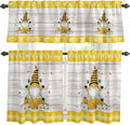 Yellow Gnomes Kitchen Curtains Set 3 Piece for Windows, Rod Pocket Valance and Tier Set 24 Inch Length, Spring Bees Daisy Plaid Wooden Grain Light Filtering Cafe Curtains for Living Room Bathroom