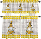 Yellow Gnomes Kitchen Curtains Set 3 Piece for Windows, Rod Pocket Valance and Tier Set 24 Inch Length, Spring Bees Daisy Plaid Wooden Grain Light Filtering Cafe Curtains for Living Room Bathroom