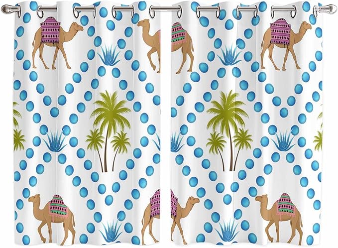 2 Panel Kitchen Cafe Curtains, Camels Palm Trees Sunlight Filtering Nature Air Through, Home Decor Window Covering Tier Curtains for Living Room 104W x 63L inch Tropical Desert Animal Plants Polka Dot
