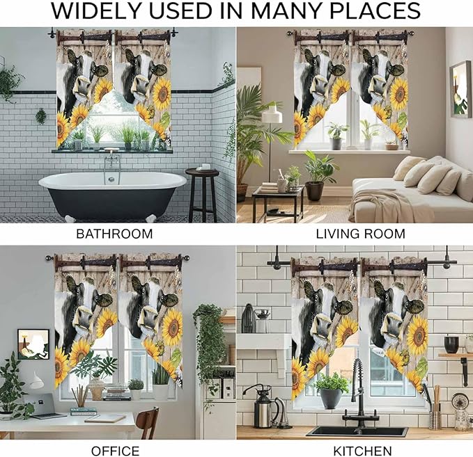 Retro Farmhouse Flower Swag Valances for Windows, Yellow Sunflowers Cow Barn Doors Brown Rod Pocket Kitchen Curtains Valance, Small Window Curtains Swag for Cafe Living Room, 2 Panels, 28x36 inch