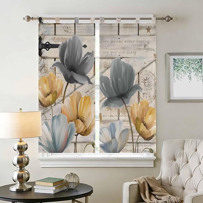 Spring Tulips Flower Living Room Curtains 84 Inch Length, Window Curtains Tab Top, Vintage Floral Barn Doors Rustic Beige Light Filtering Window Treatments Drapes 42"x84" 2 Panel