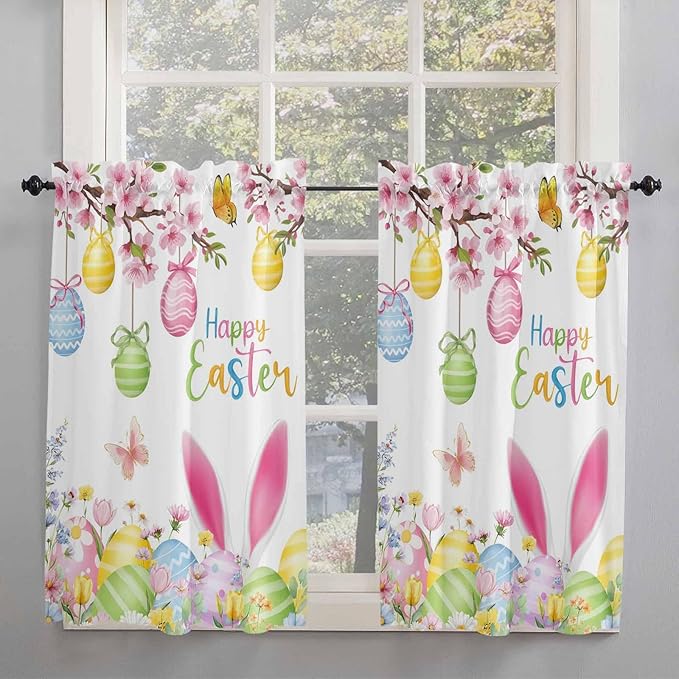 Happy Easter Kitchen Curtains 54 Inches length, Spring Watercolor Bunny Eggs Flower Branch Window Treatment Curtain Drapes, Thermal Insulated Drapes for Basement Hotel RV, 42"x54", 2 Panels